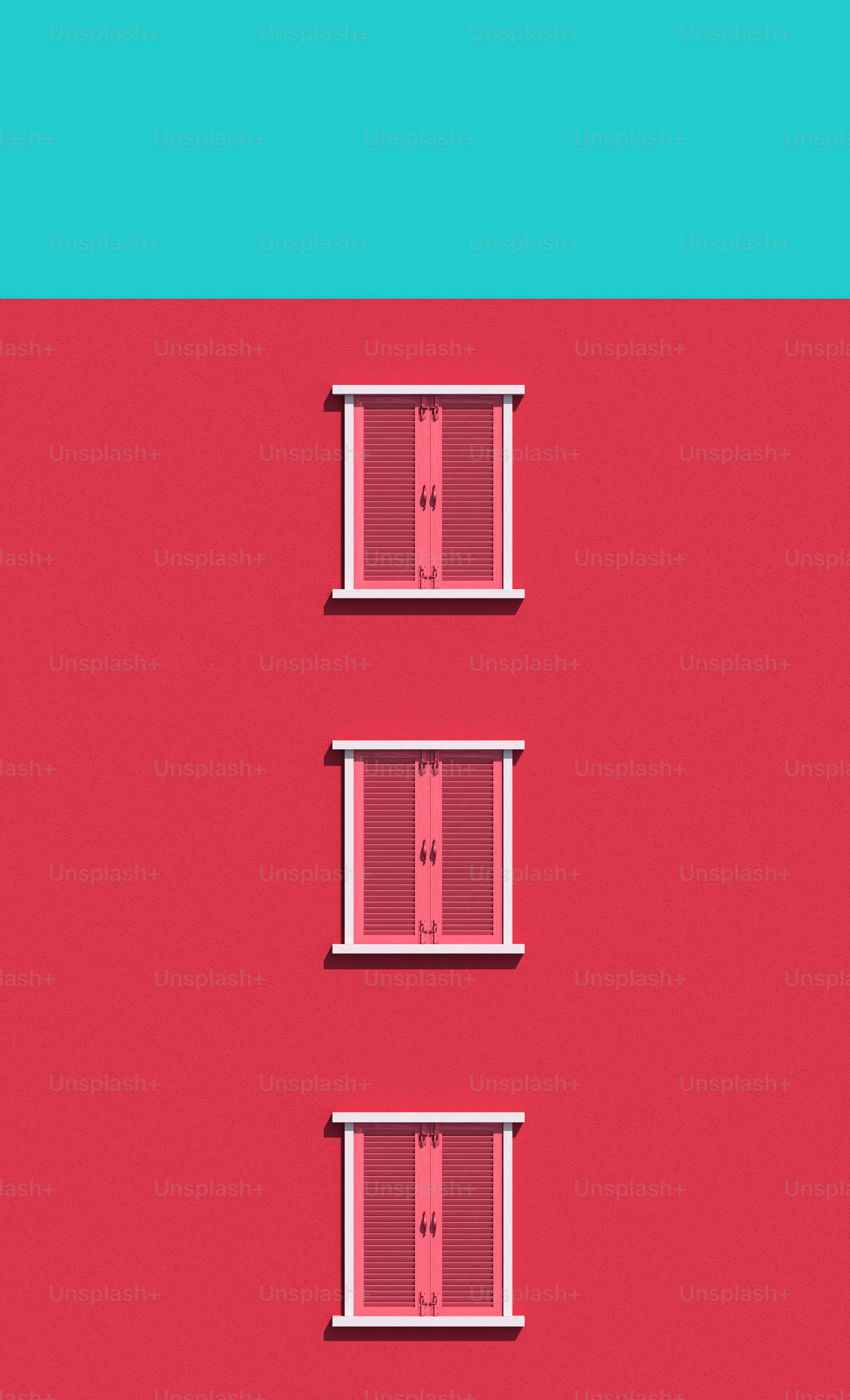 three windows with closed shutters on a red and blue background